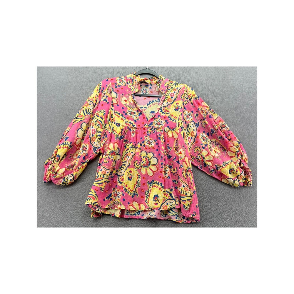Sofia Made in Italy Blouse Pink Paisley Silk Blend Puff Sleeve Babydoll Art M
